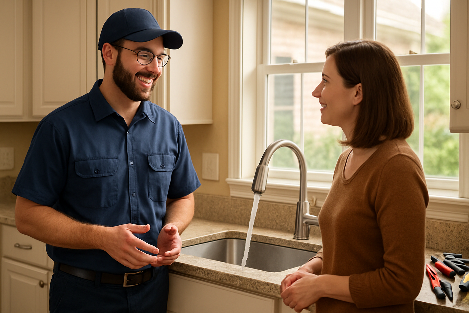 Friendly professional plumber from John Fowler Plumbing speaking with a homeowner at a kitchen sink in a well-kept Greenwood, Indiana home, tools neatly arranged, faucet running with strong clear water, warm realistic lighting