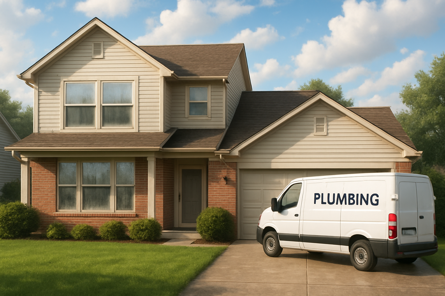 A Greenwood Indiana suburban home exterior on a humid August morning, with condensation on windows, lush green lawn, and a plumbing service van parked in the driveway under partly cloudy summer skies