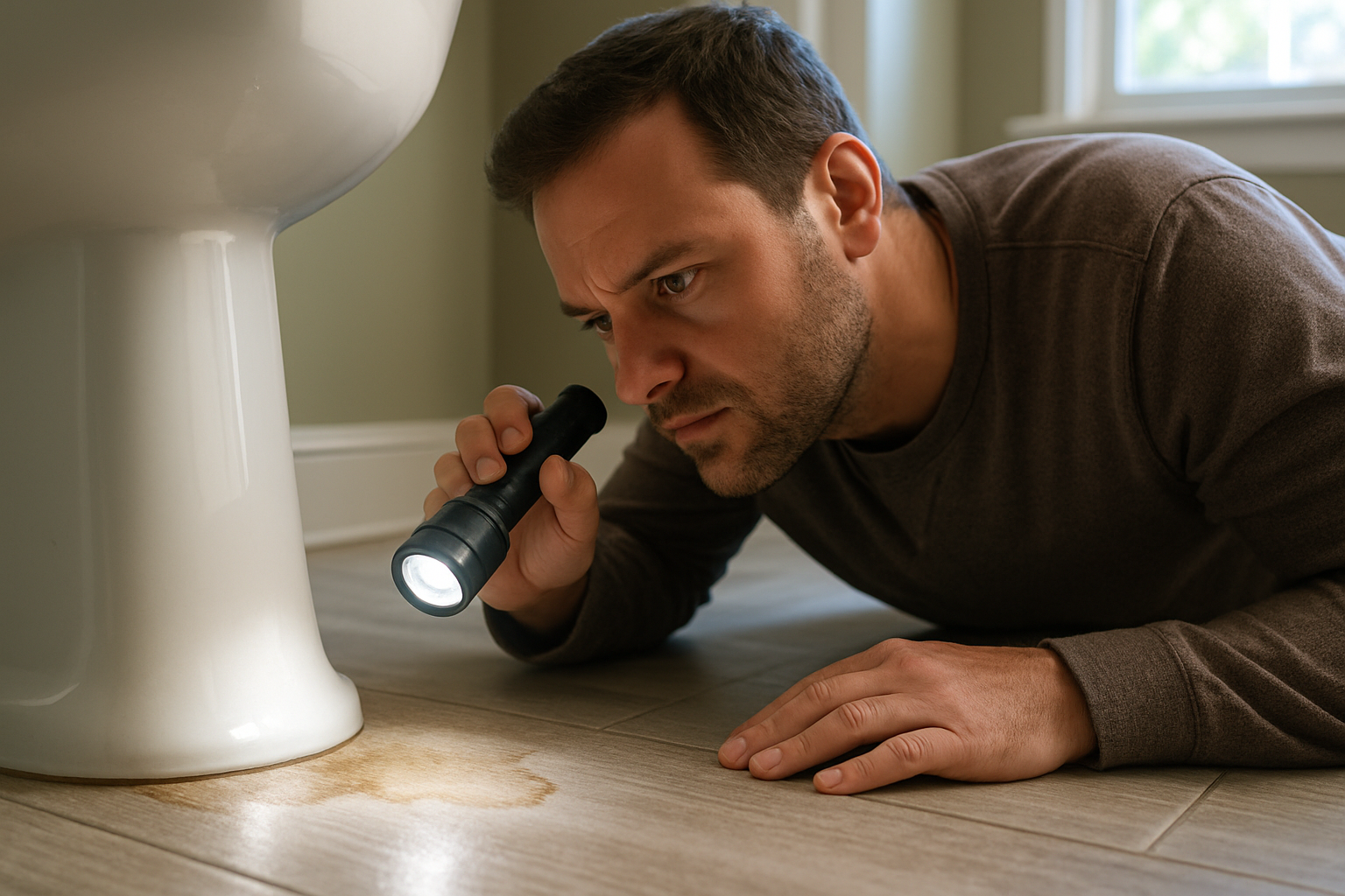 Close-up of a bathroom floor in a Greenwood Indiana home showing subtle water staining near the base of a toilet, with soft natural light and a homeowner inspecting the area with a flashlight
