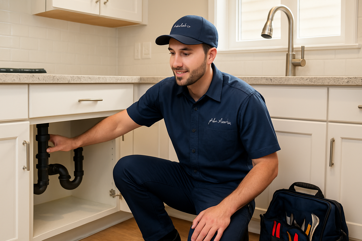 Friendly professional plumber from John Fowler Plumbing inspecting pipes under a kitchen sink in a clean Greenwood Indiana home, wearing a uniform, with tools neatly arranged and warm indoor lighting