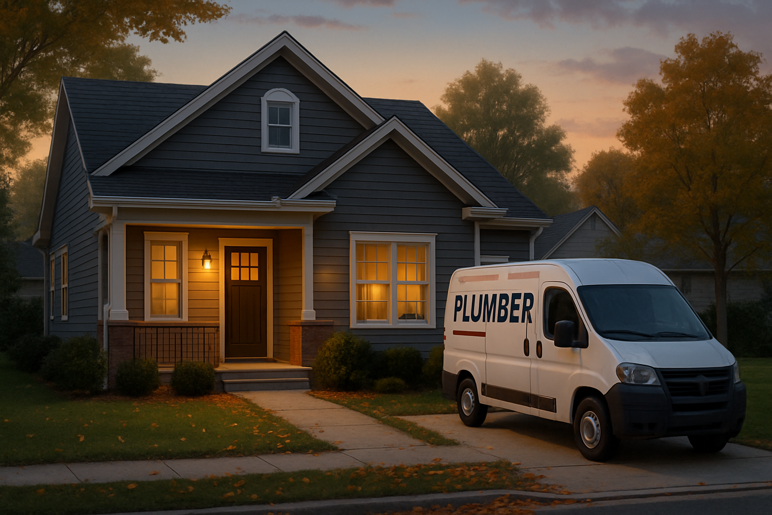 A cozy Greenwood Indiana suburban home in early September at dusk, with warm porch lights on, light fall leaves beginning to gather near the walkway, and a plumber’s service van parked in the driveway