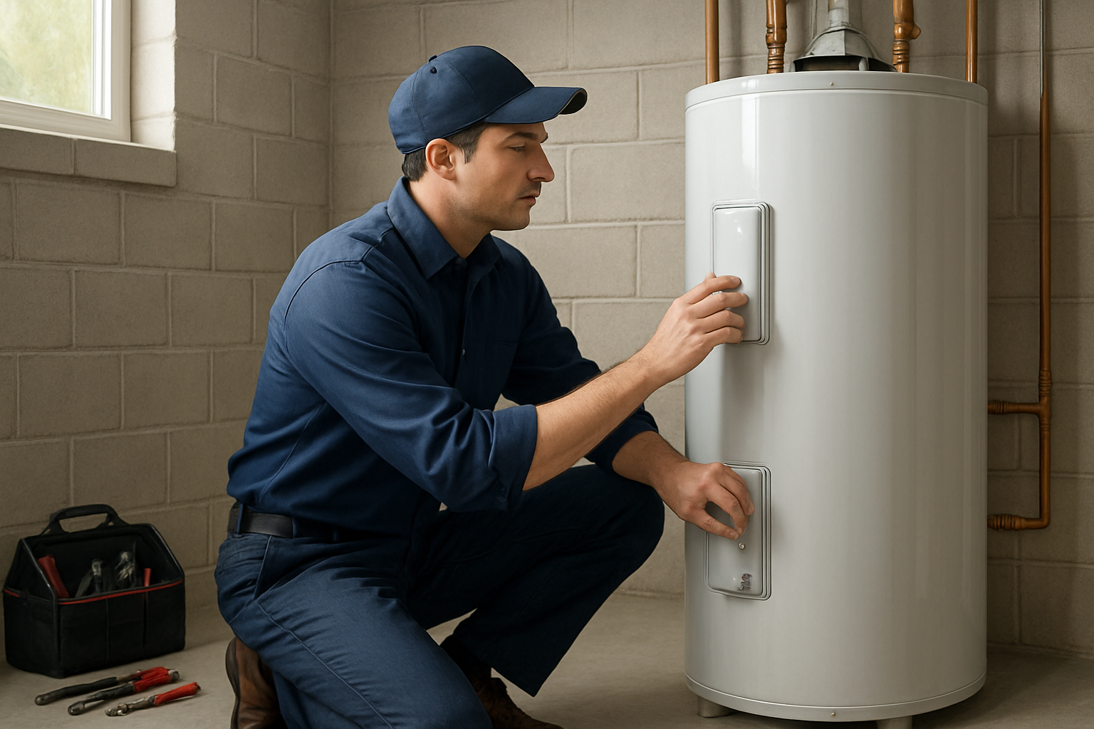 A professional plumber in a clean uniform inspecting a residential water heater in a tidy Greenwood Indiana basement, with tools nearby, copper piping visible, and soft natural light coming from a small window