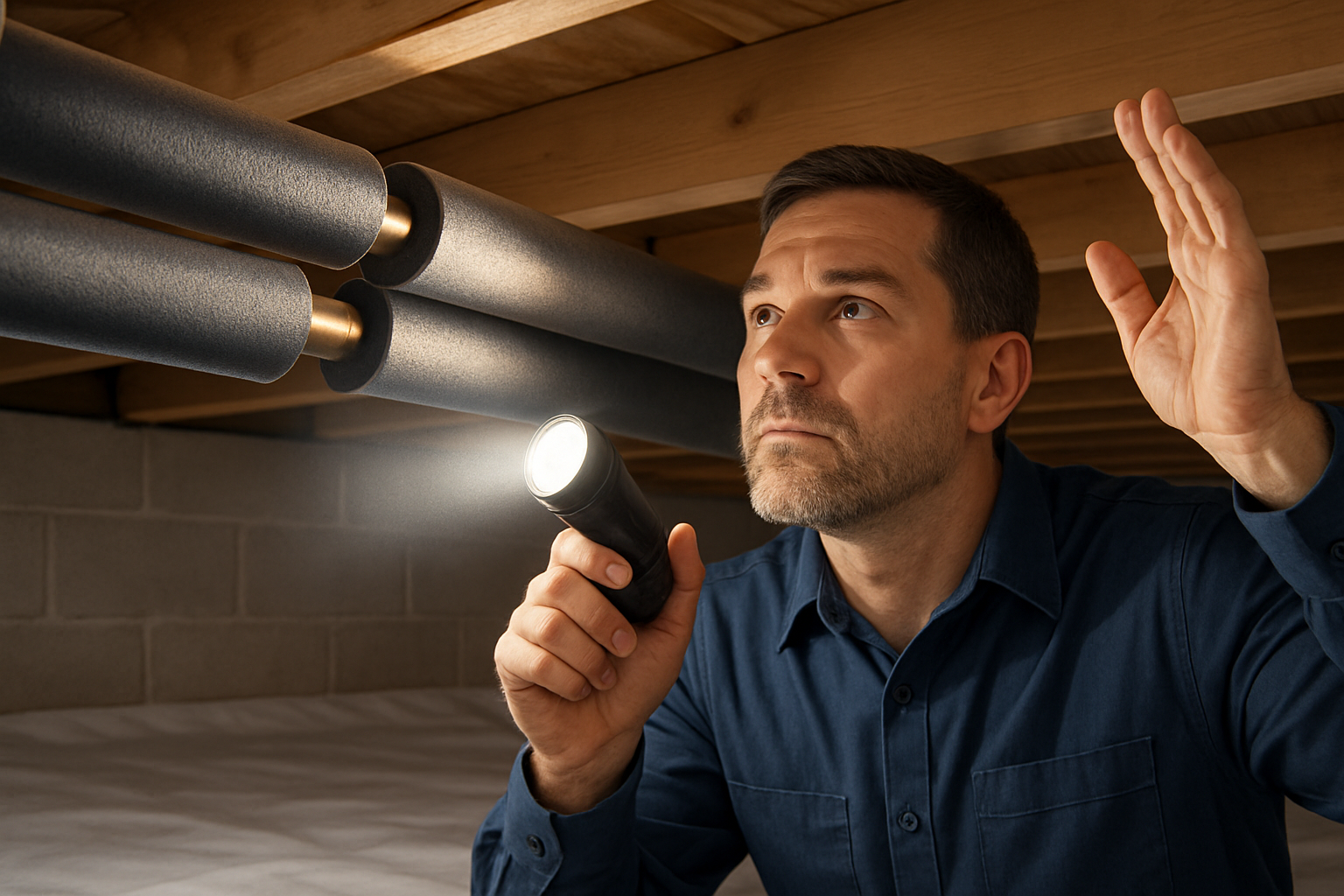 Close-up of insulated plumbing pipes in a clean residential crawl space, with a flashlight beam highlighting foam pipe insulation and a professional plumber checking for drafts before winter