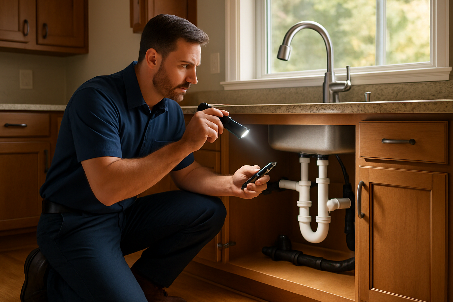 A professional plumber in a clean uniform kneeling beside an open cabinet under a kitchen sink in a Greenwood, Indiana home, using a flashlight and inspection tools to check plumbing pipes, with soft September daylight coming through a nearby window