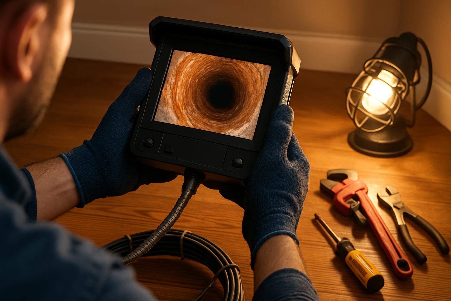 Close-up view of a plumbing video inspection monitor showing the inside of a residential sewer pipe, with a plumber’s gloved hands holding the equipment, tools neatly arranged nearby, and a warm indoor work light illuminating the scene