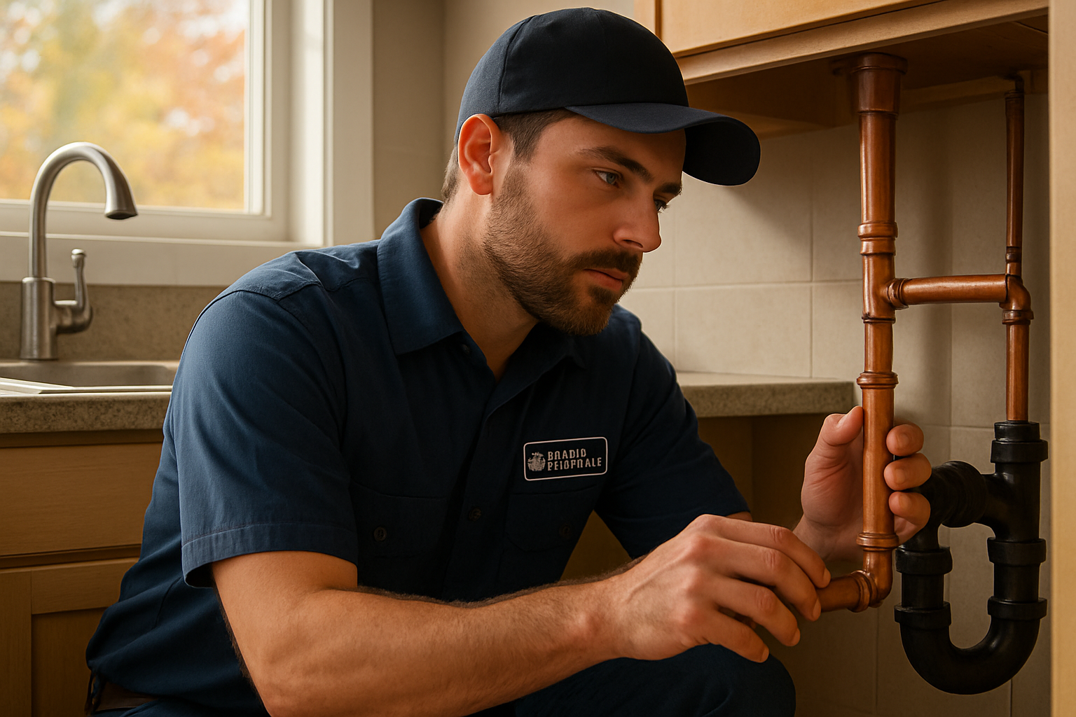 A professional plumber from John Fowler Plumbing inspecting copper pipes under a kitchen sink in a Greenwood, Indiana home during early September, with soft afternoon light coming through a window and fall leaves just beginning to show outside