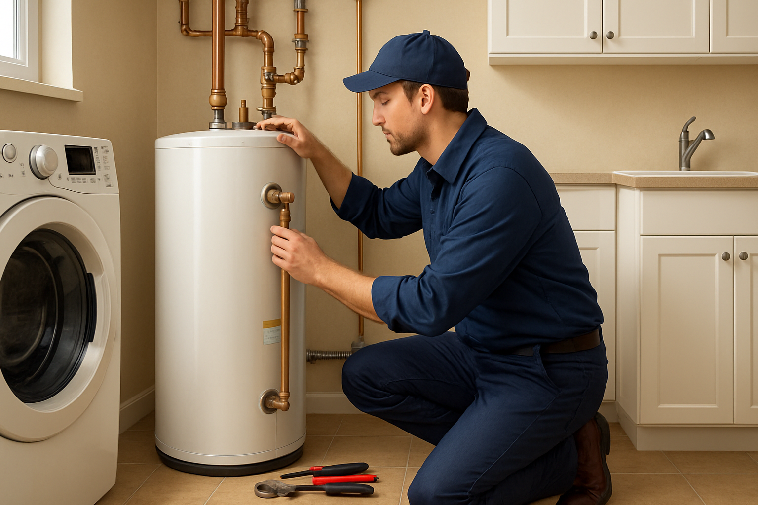 A clean residential utility room in Greenwood, Indiana with a plumber checking a traditional tank water heater, tools neatly arranged nearby, showing pipes, valves, and a service tag in a warm realistic home setting
