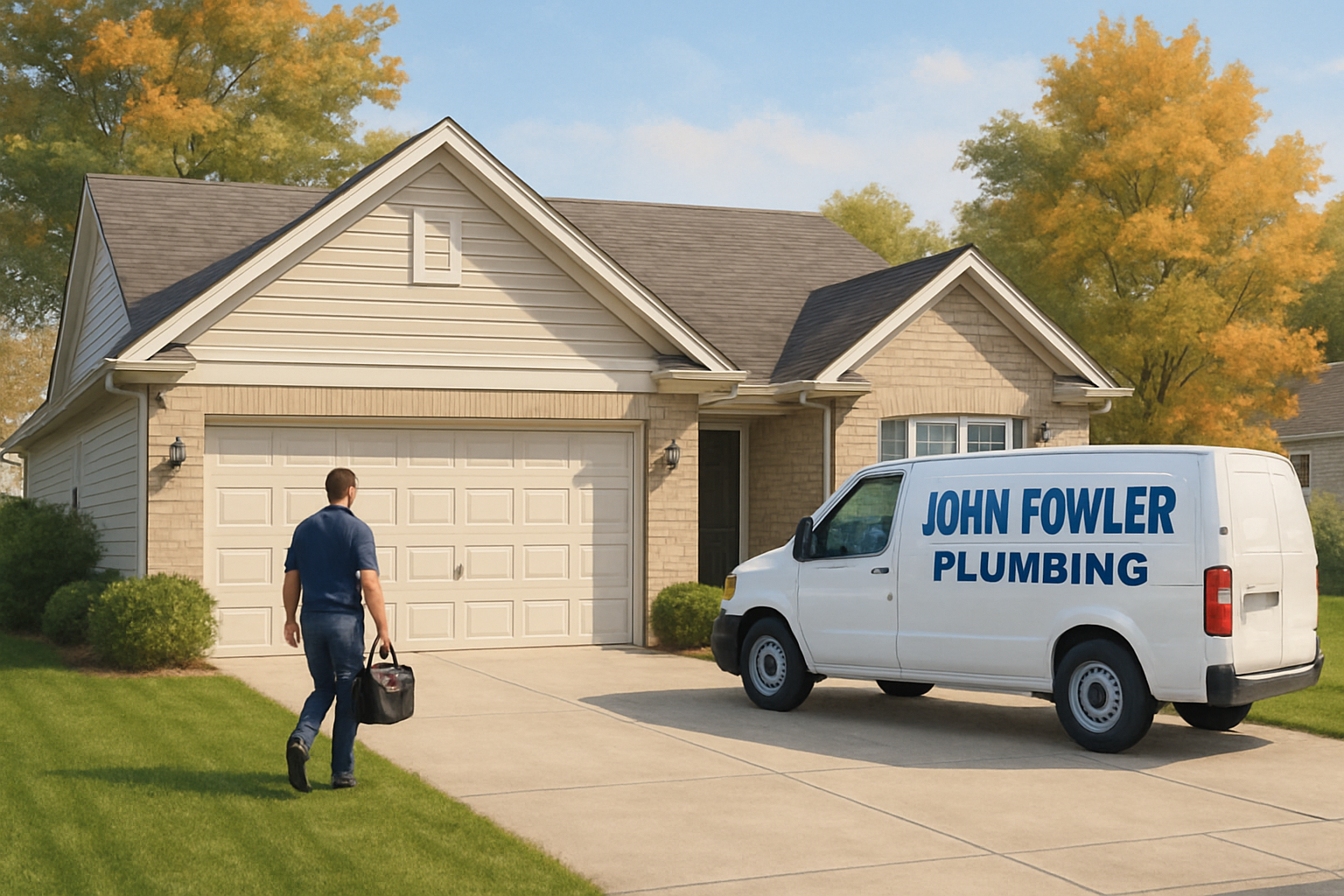 A Greenwood, Indiana suburban home exterior in early September with a John Fowler Plumbing service van parked in the driveway, green lawn, slight hints of fall color in the trees, and a technician walking toward the front door carrying a tool bag