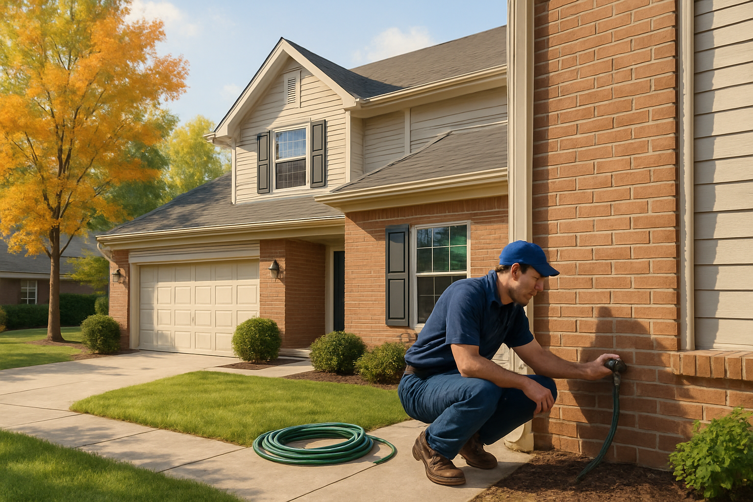 A Greenwood Indiana suburban home in early September with a clean front yard, slight fall color beginning in the trees, a garden hose near an outdoor spigot, and a plumber inspecting the exterior plumbing on a mild sunny afternoon