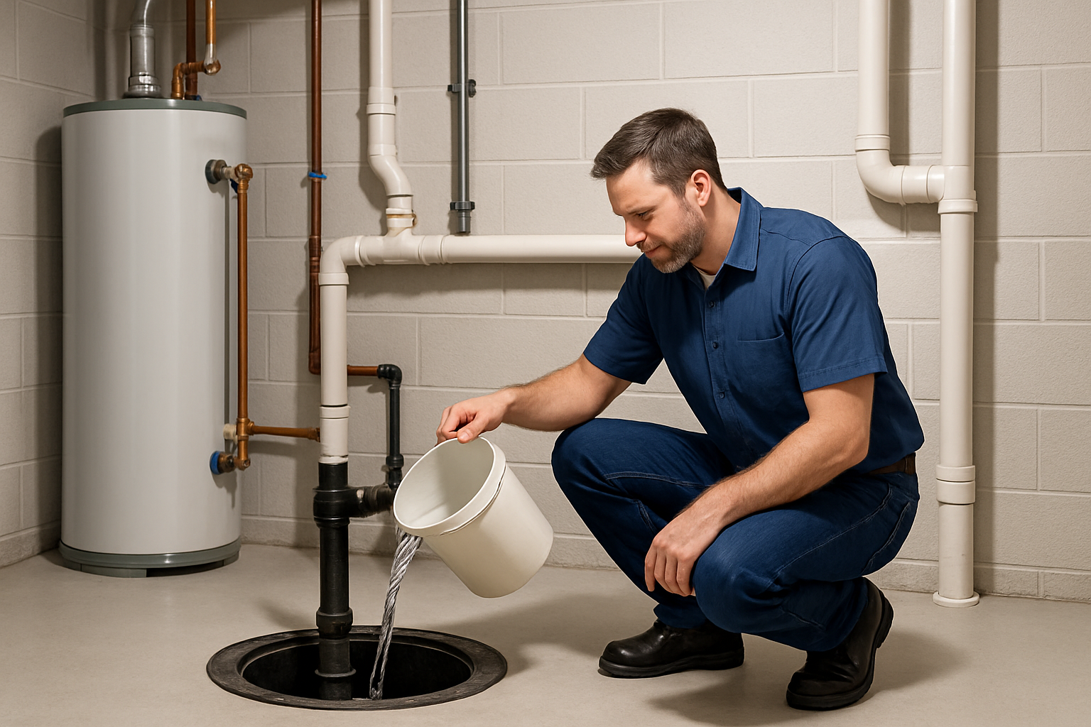 A clean basement utility area in a Greenwood Indiana home with a plumber kneeling beside an open sump pump basin, testing the pump with a bucket of water, with neat pipes and a water heater visible in the background