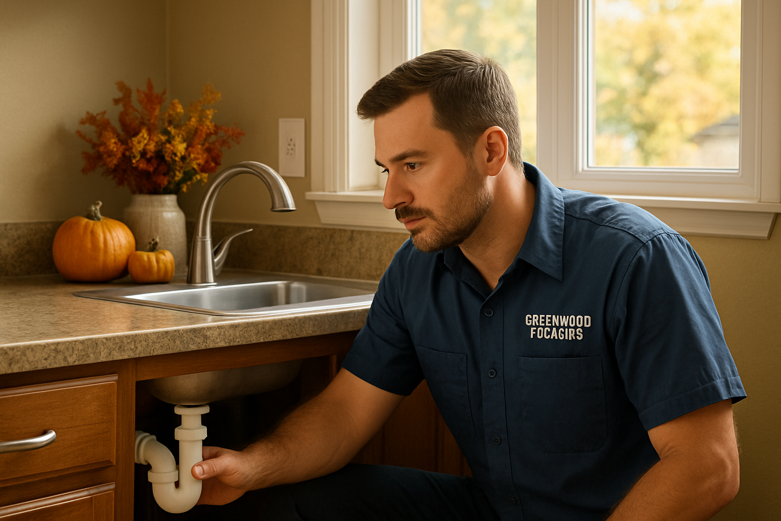 A professional plumber in a branded work shirt inspecting a kitchen sink drain inside a warm Greenwood Indiana home, with autumn decor on the counter and soft September light coming through the window