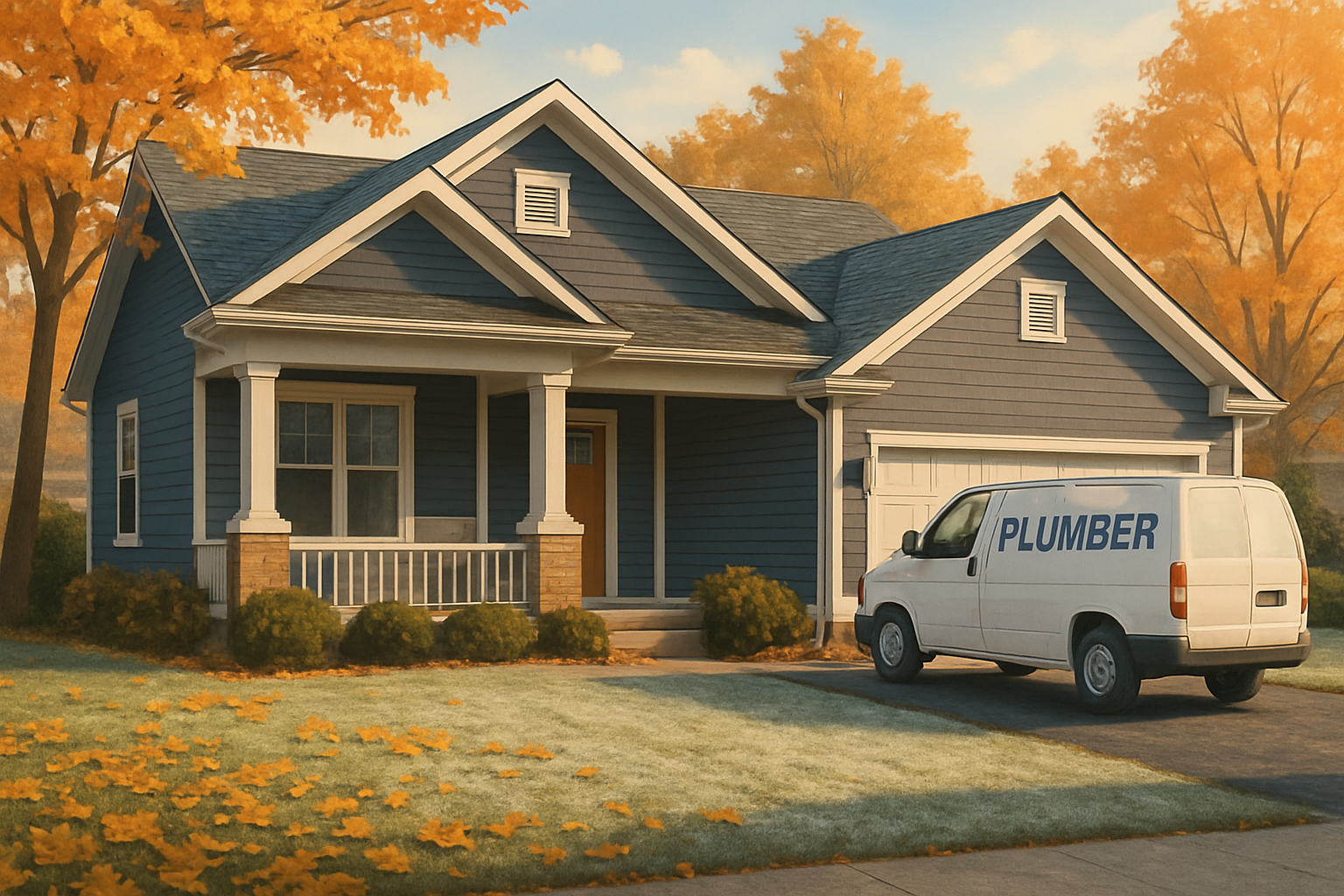 A cozy Greenwood Indiana suburban home on a crisp October morning with golden leaves on the lawn, light frost on the grass, and a plumber’s service van parked in the driveway near the front porch
