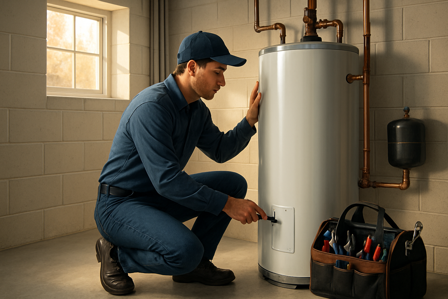 A professional plumber inspecting a residential water heater in a clean basement utility room, with copper pipes, a tool bag, and soft autumn morning light coming through a small window