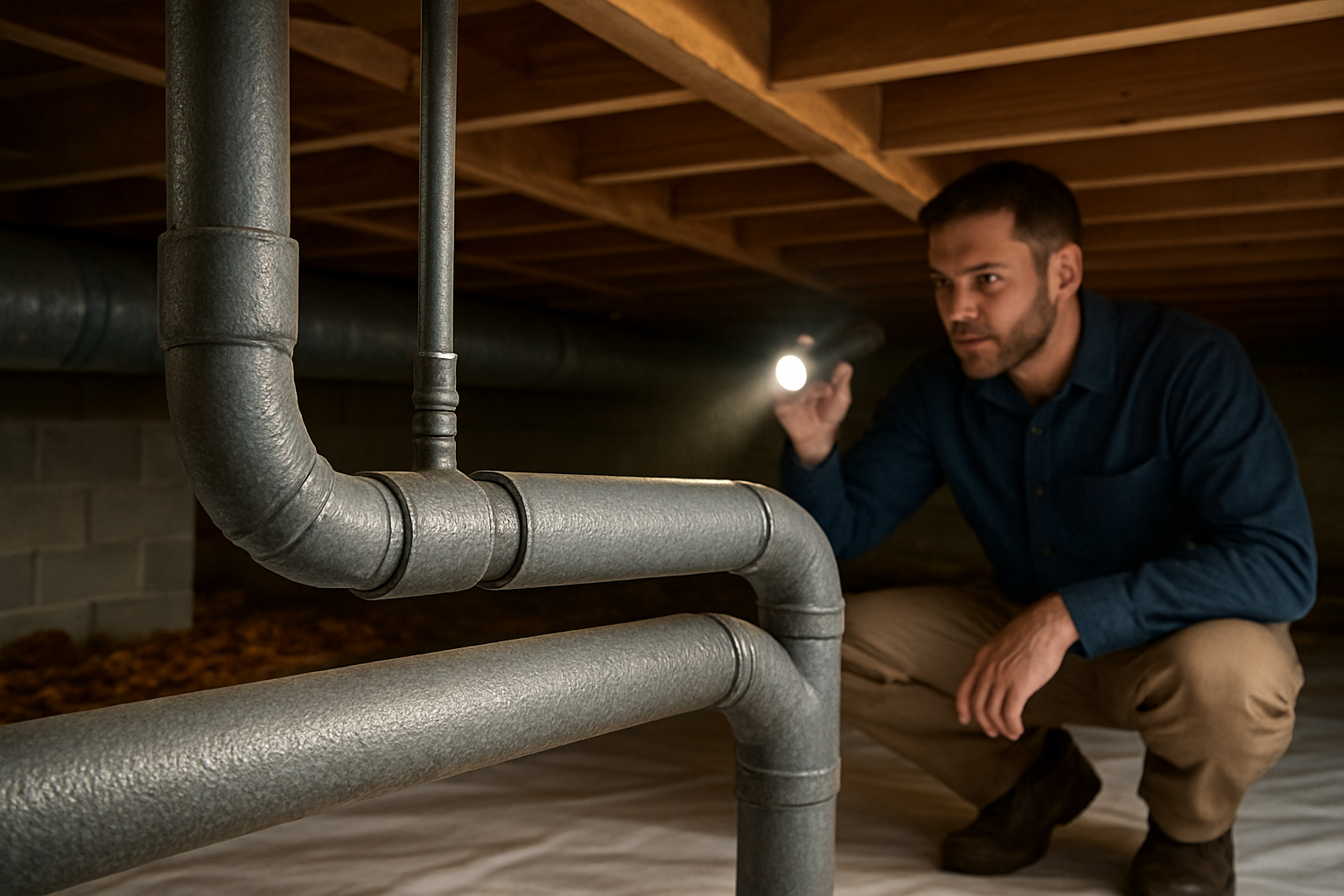 Close-up of insulated plumbing pipes in a residential crawl space with clean vapor barrier, wooden floor joists, and a plumber using a flashlight during an autumn home inspection