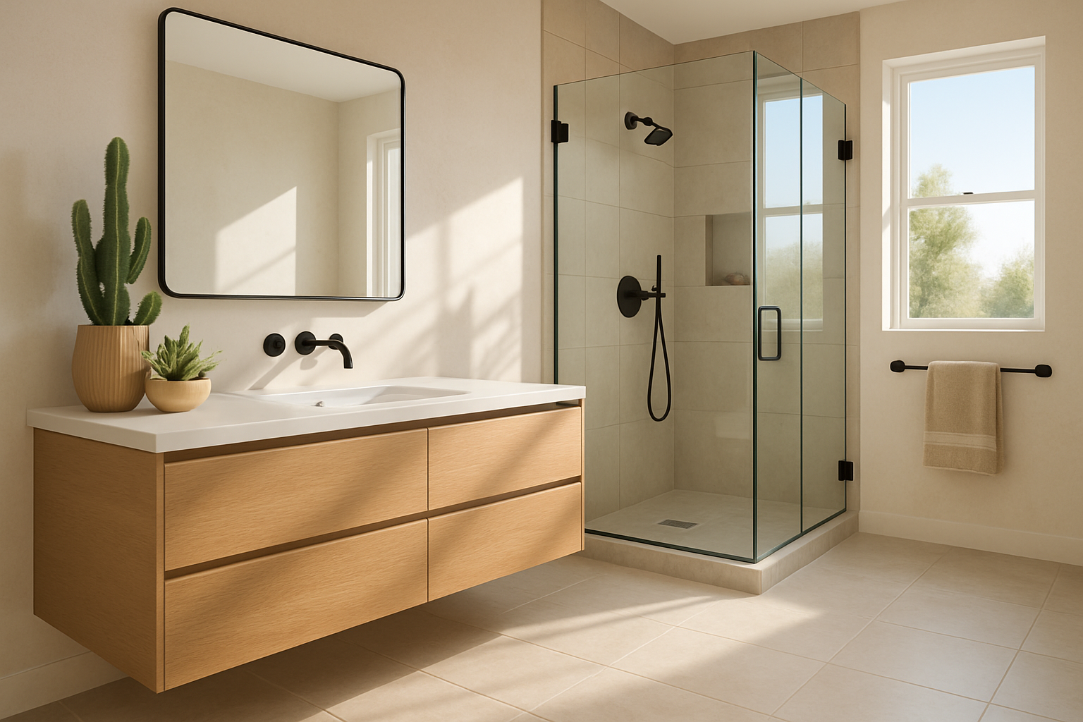 A bright modern bathroom in Escondido California with large format light beige porcelain floor tiles, a floating white oak vanity, matte black fixtures, a frameless glass shower, soft natural sunlight, desert-inspired decor, and a cool spa-like atmosphere designed for hot summer weather