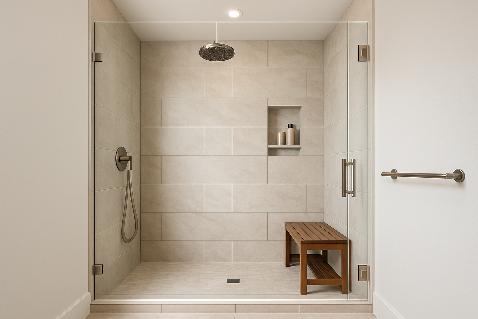 A luxury curbless walk-in shower with frameless glass, light stone-look porcelain tile, brushed nickel rainfall showerhead, built-in shower niche, teak bench, and clean modern details in a remodeled Southern California bathroom