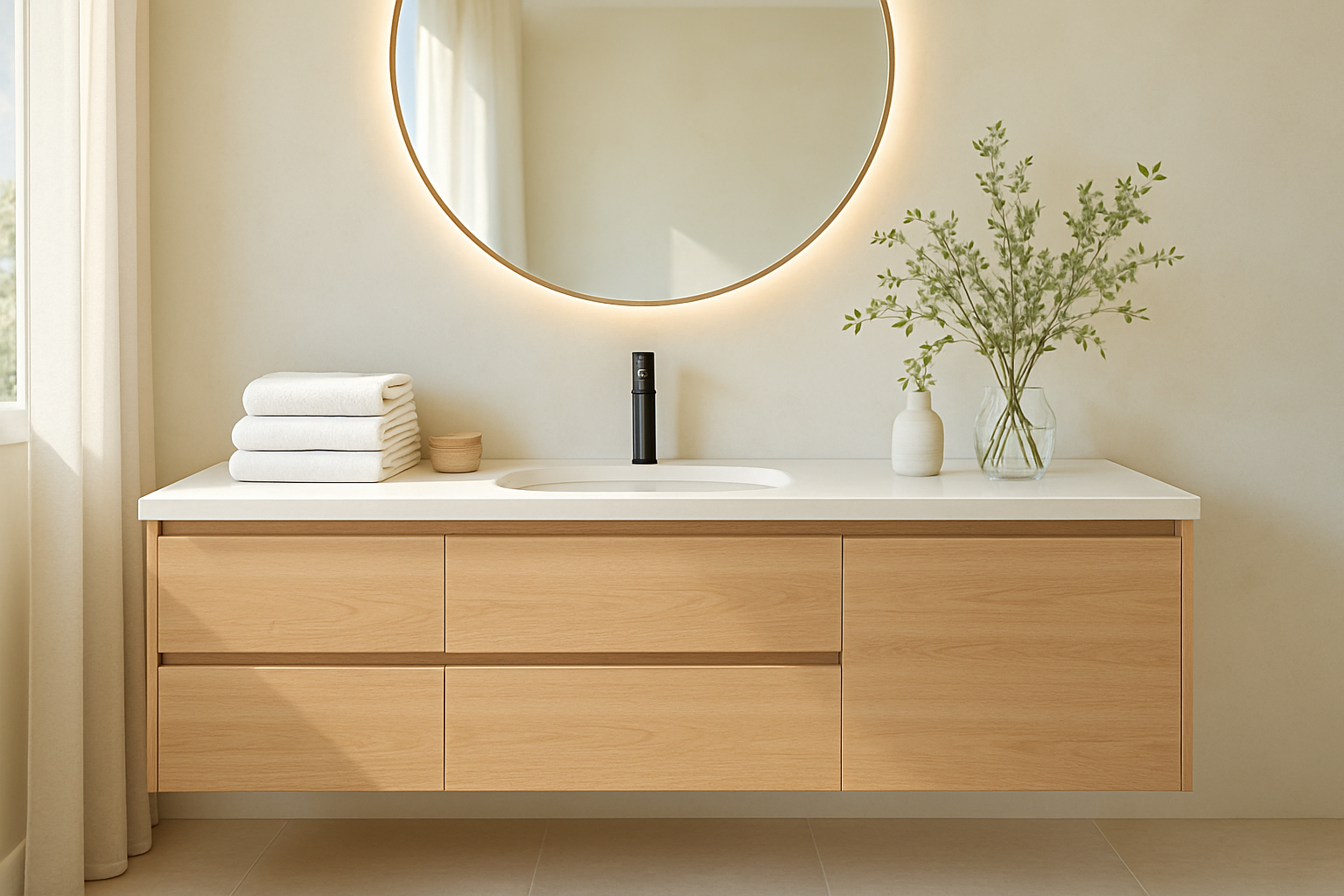 A well-organized modern bathroom vanity with light wood floating cabinets, white quartz countertop, round mirror with LED lighting, neatly folded towels, minimal decor, and a calm airy summer design aesthetic