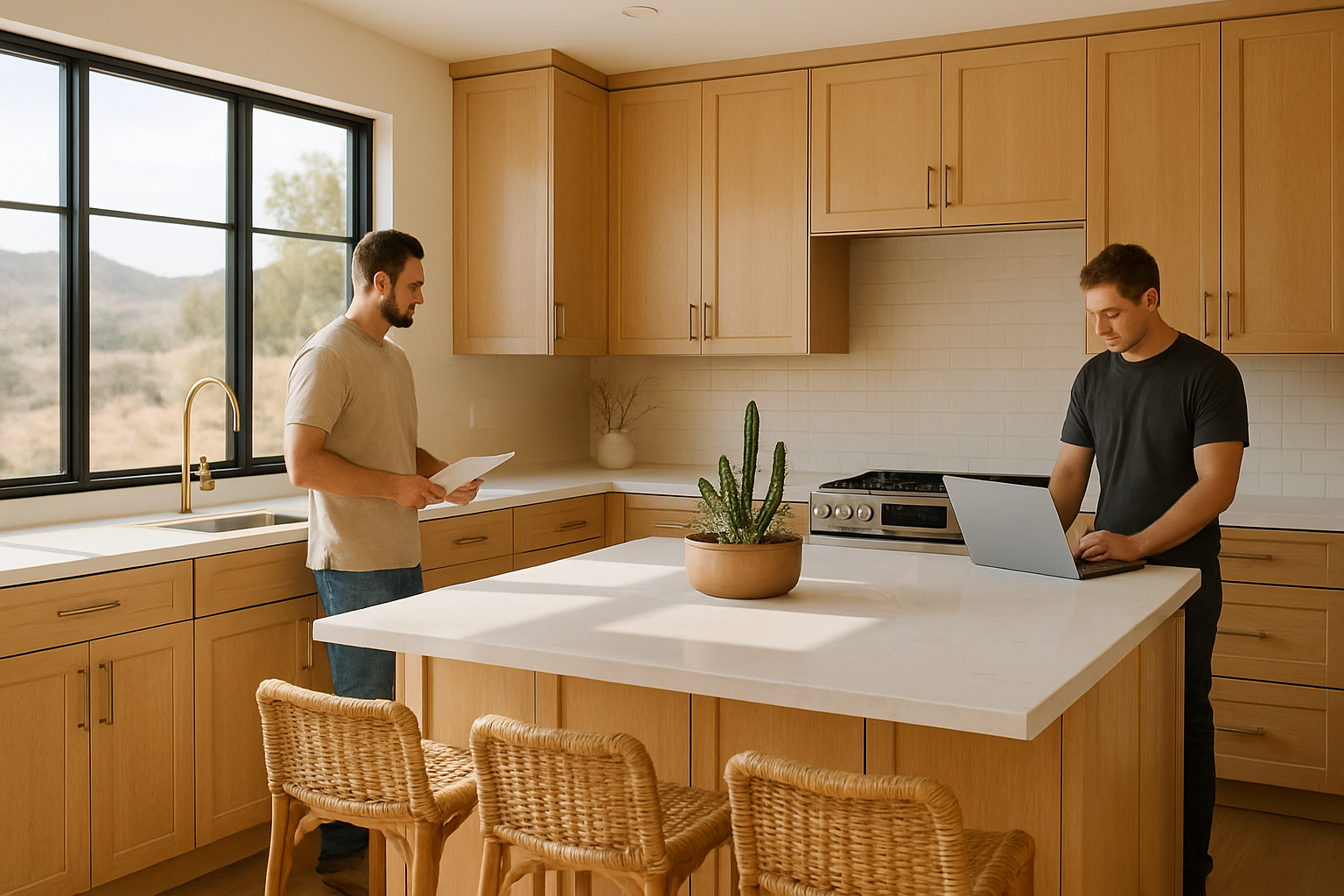 Bright Escondido kitchen remodel with large windows, warm natural sunlight, white oak cabinetry, quartz countertops, soft beige tile backsplash, brass fixtures, woven bar stools, and desert-inspired greenery on the island