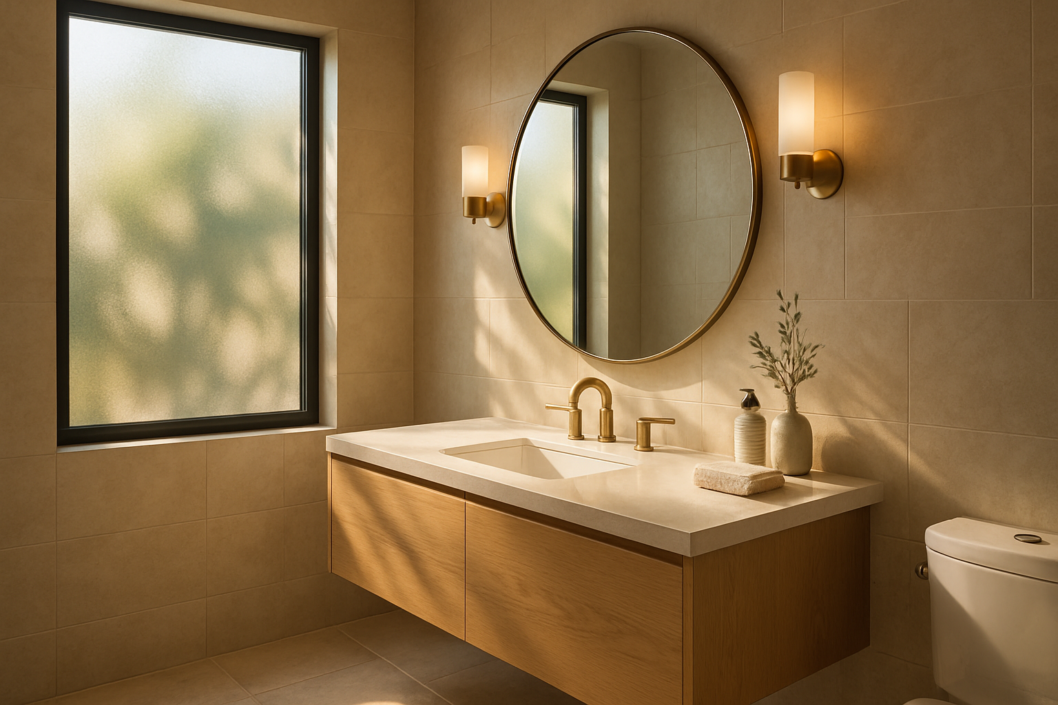 Sunlit modern bathroom in Escondido with frosted window glass, floating white oak vanity, cream quartz countertop, large round mirror, brushed brass fixtures, soft stone-look porcelain tile, and filtered August afternoon light