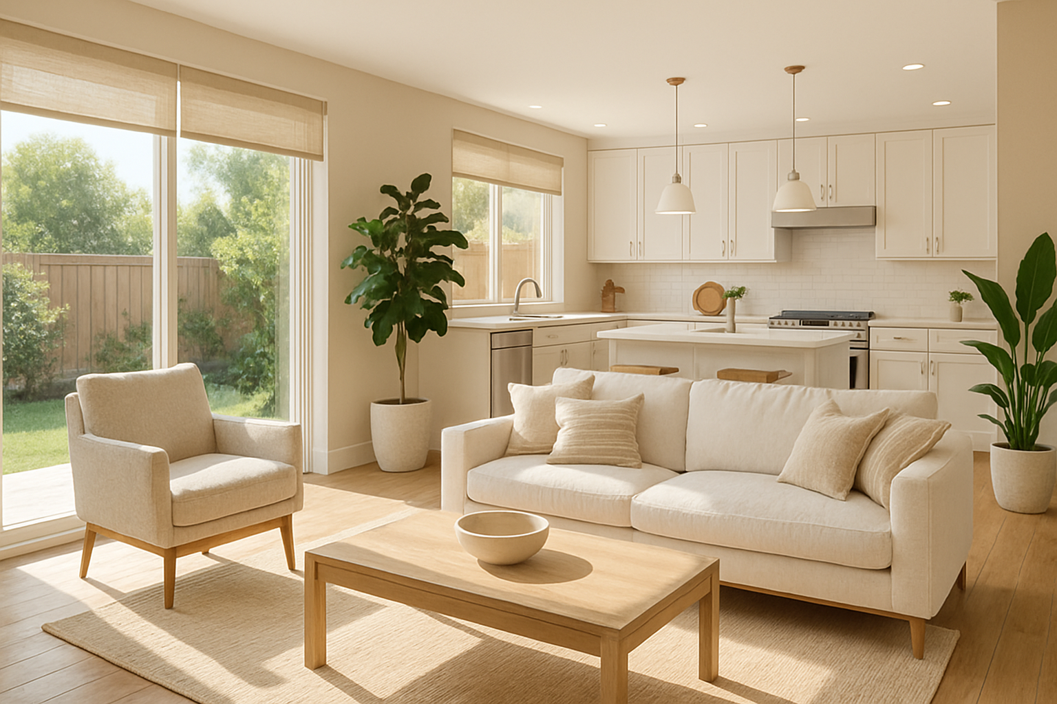Open concept Escondido living and kitchen area with sunlight through sliding glass doors, warm neutral walls, natural wood flooring, white and beige furnishings, indoor plants, solar shades, and a remodeled kitchen in the background