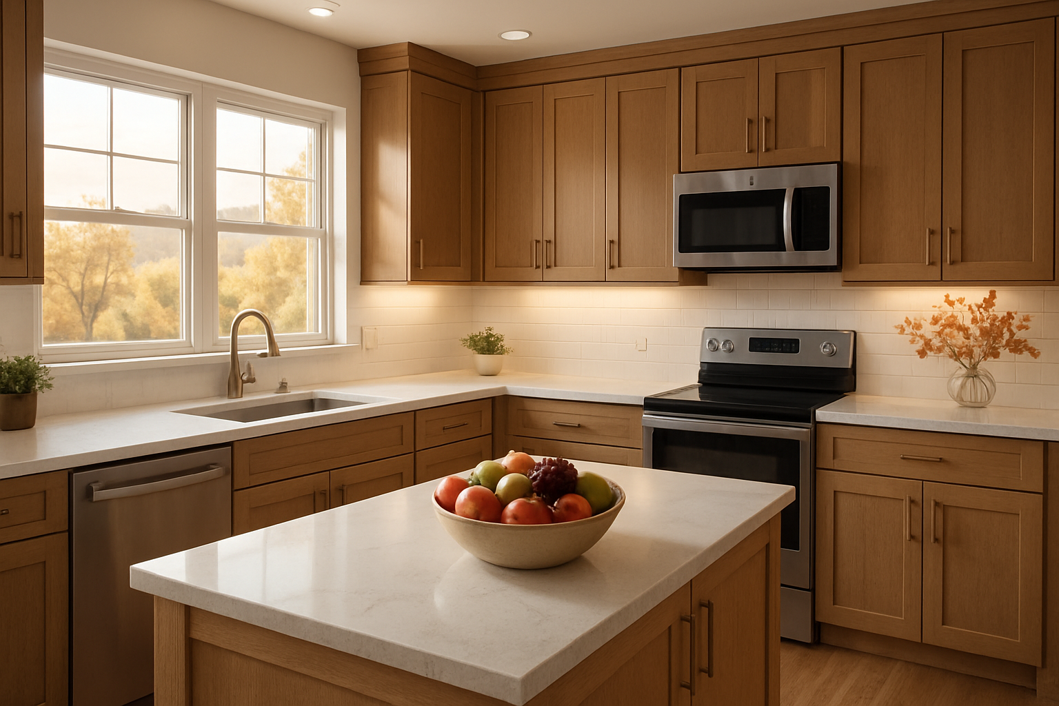 A warm and inviting remodeled kitchen in Escondido California with natural wood cabinetry, quartz countertops, soft under-cabinet lighting, large windows showing late September golden sunlight, a bowl of seasonal fruit on the island, and subtle fall decor in neutral earth tones