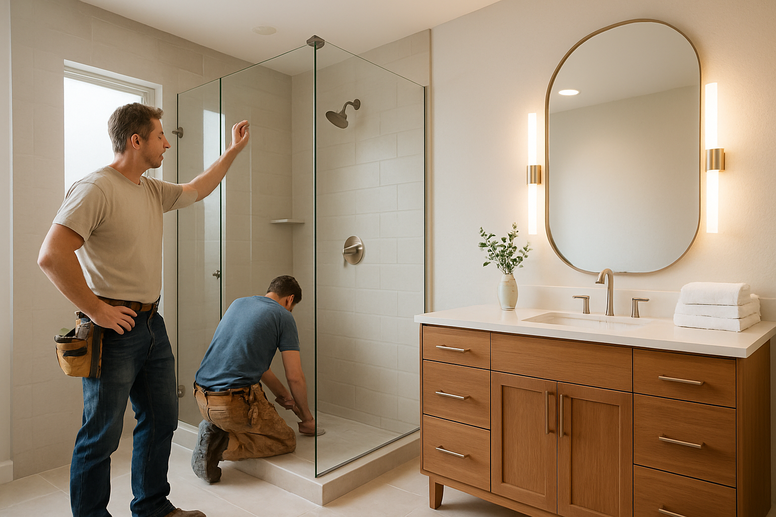 A spa-inspired bathroom remodel with a frameless glass walk-in shower, matte neutral tile, warm wood vanity, brushed nickel fixtures, soft mirror lighting, folded towels, and a small eucalyptus arrangement, designed for a modern Escondido California home