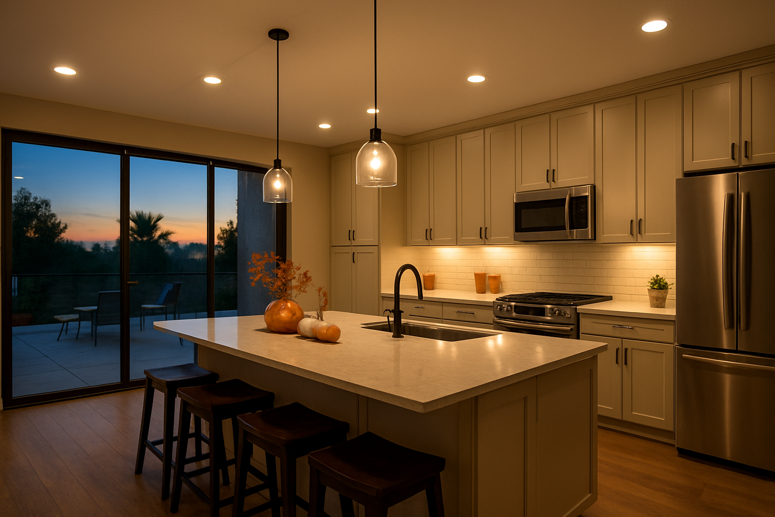 An open concept Escondido California kitchen and dining area at dusk with layered warm lighting, pendant lights over a quartz island, recessed ceiling lights, sliding glass doors leading to a patio, and subtle autumn accents on the dining table