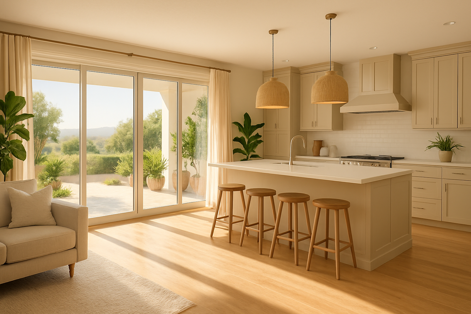 Bright open concept kitchen and living room in an Escondido California home, large sliding glass doors letting in warm September sunlight, white oak flooring, soft neutral cabinetry, oversized kitchen island, indoor plants, airy modern coastal design, natural light filling the room