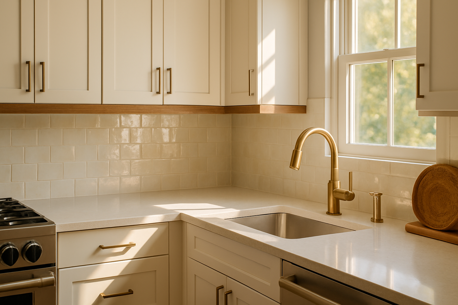 Close-up of a modern kitchen remodel with soft white shaker cabinets, pale quartz countertops, glossy handmade tile backsplash reflecting sunlight, champagne bronze fixtures, wood accents, and warm natural September light coming through a nearby window
