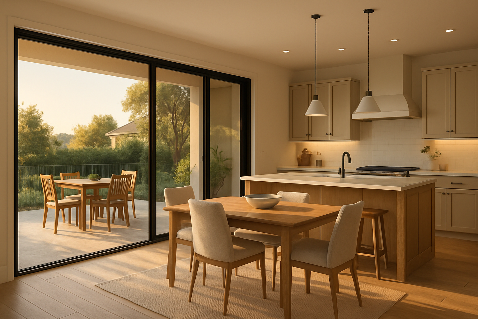 Escondido open concept dining and kitchen area connected to a backyard patio through wide sliding glass doors, late September golden hour sunlight, outdoor dining table visible, light neutral interiors, natural wood island, comfortable indoor-outdoor California living atmosphere
