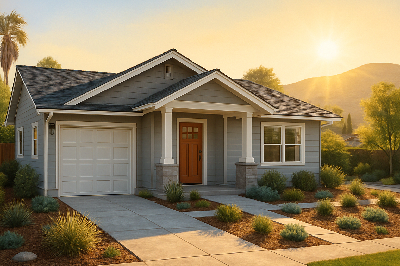A bright September morning in Escondido, California showing a well-maintained suburban home with a remodeled front entry, fresh exterior finishes, drought-tolerant landscaping, and warm sunlight over nearby hills