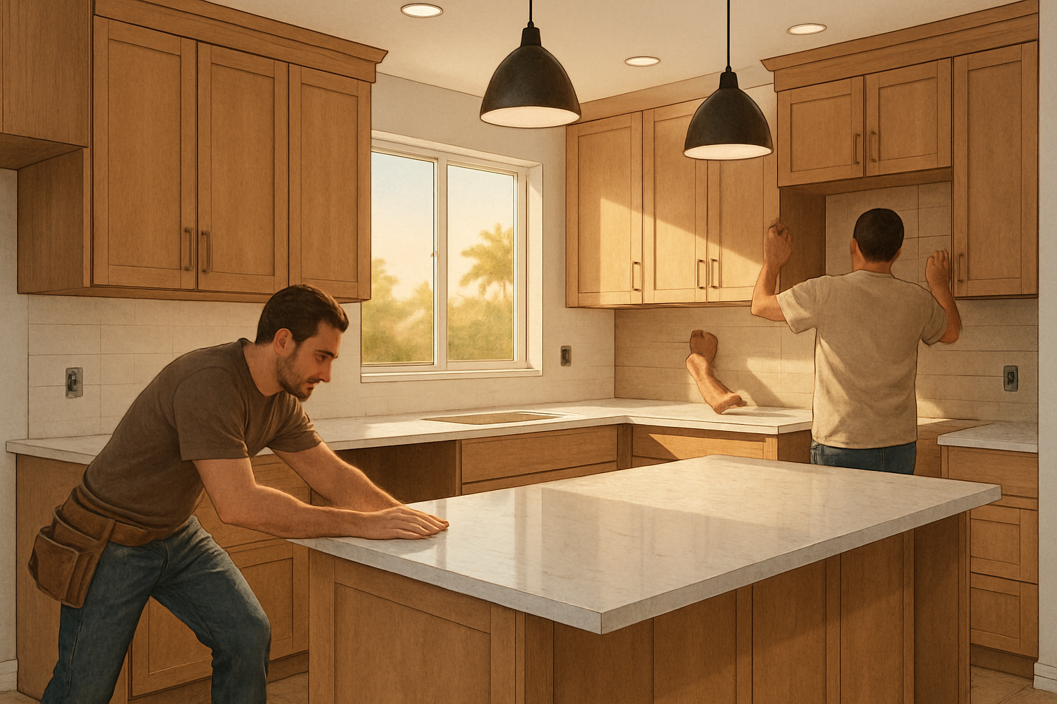 A modern Escondido kitchen remodel in progress with natural wood cabinets, quartz countertops, pendant lighting, large windows bringing in warm California sunlight, and workers carefully installing finishes