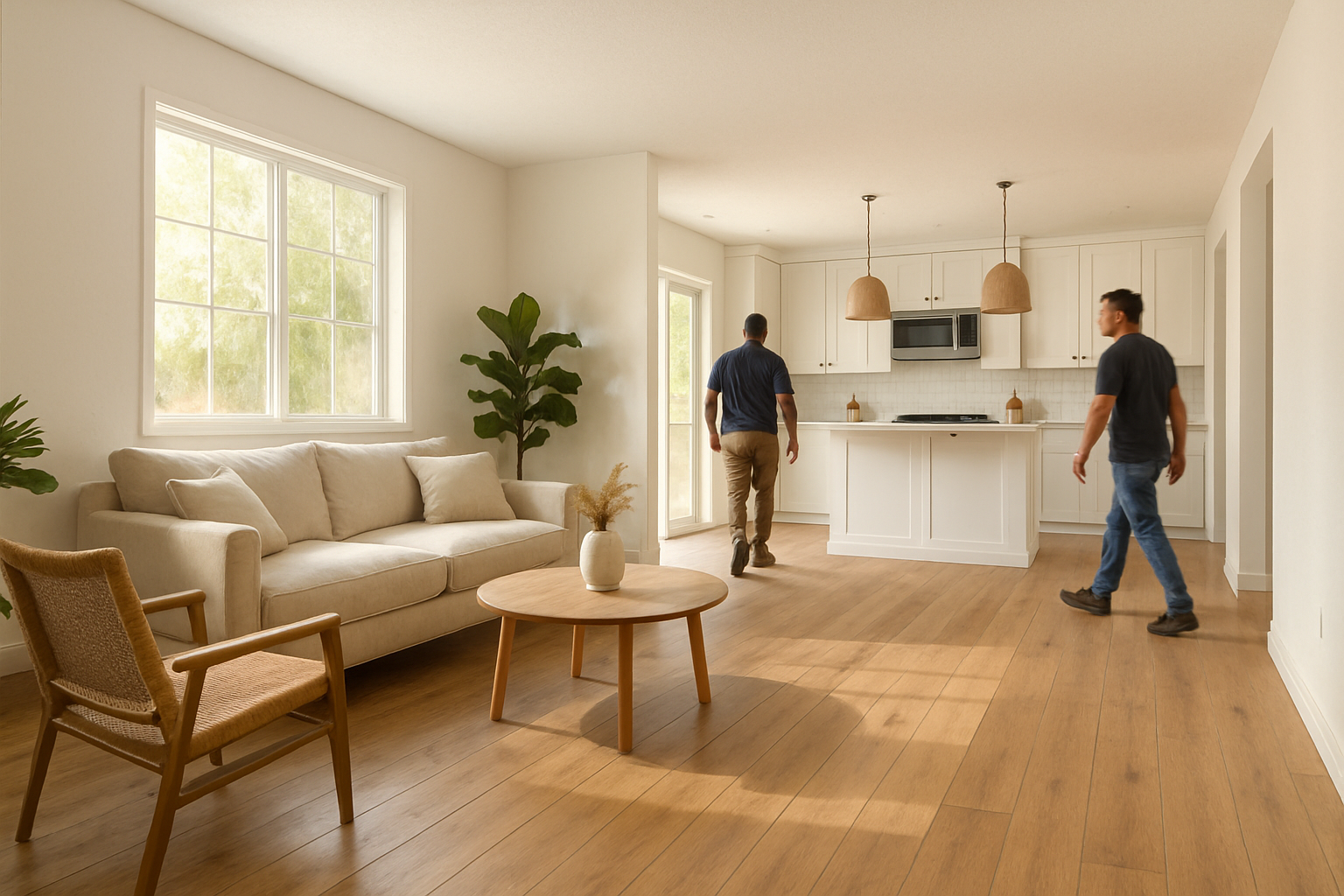 A bright open-concept living area in an Escondido home with newly installed wide-plank flooring, a refreshed kitchen in the background, clean white walls, natural textures, and late afternoon September sunlight