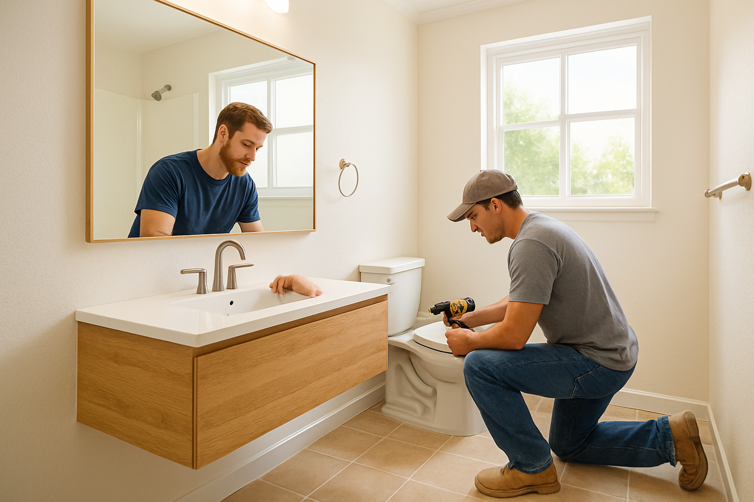 Bright small bathroom remodel in an Escondido, California home with a floating wood vanity, brushed nickel fixtures, large mirror, warm natural light, soft beige tile flooring, and a clean modern coastal-inspired design