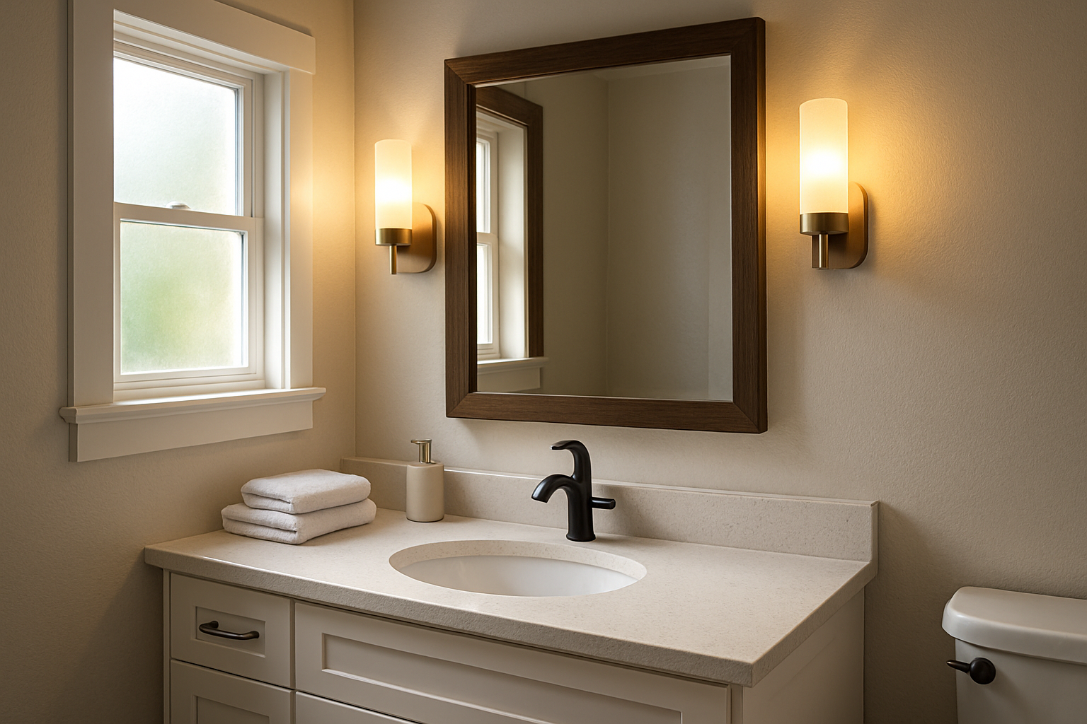 Close-up of a newly upgraded small bathroom vanity area with a large framed mirror, warm LED sconces, quartz countertop, matte black faucet, neatly arranged towels, and sunlight coming through a small frosted window