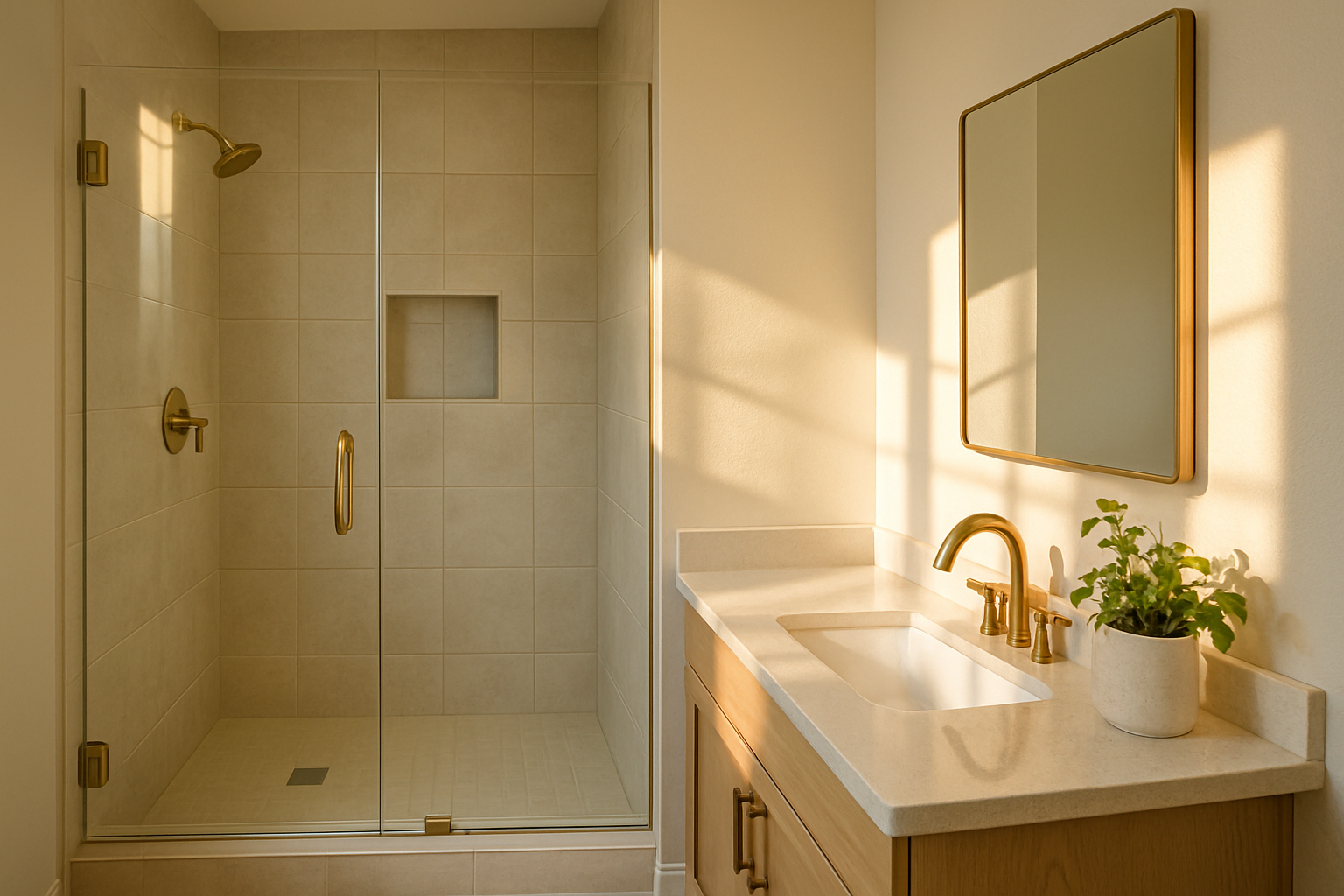 Small completed bathroom remodel in Escondido with walk-in glass shower, light porcelain tile, built-in shower niche, brushed gold fixtures, fresh white walls, greenery on the vanity, and warm September sunlight