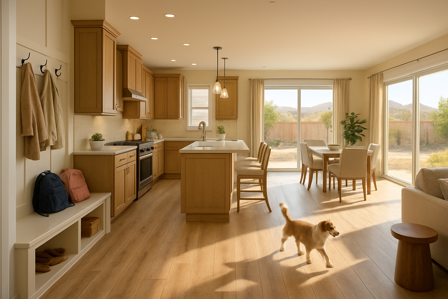 A bright Escondido family kitchen and open living area in September afternoon light, featuring durable wide-plank luxury vinyl flooring, kids’ backpacks near a mudroom bench, a small dog walking across the floor, warm neutral cabinetry, and sunlight coming through sliding glass doors to a dry Southern California backyard