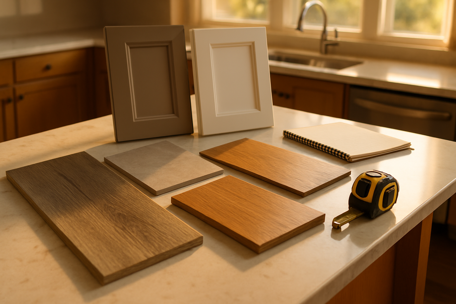 Close-up of flooring samples spread across a kitchen island in an Escondido home, including luxury vinyl plank, porcelain tile, and engineered hardwood, with warm September sunlight, a tape measure, cabinet samples, and a designer’s notebook nearby