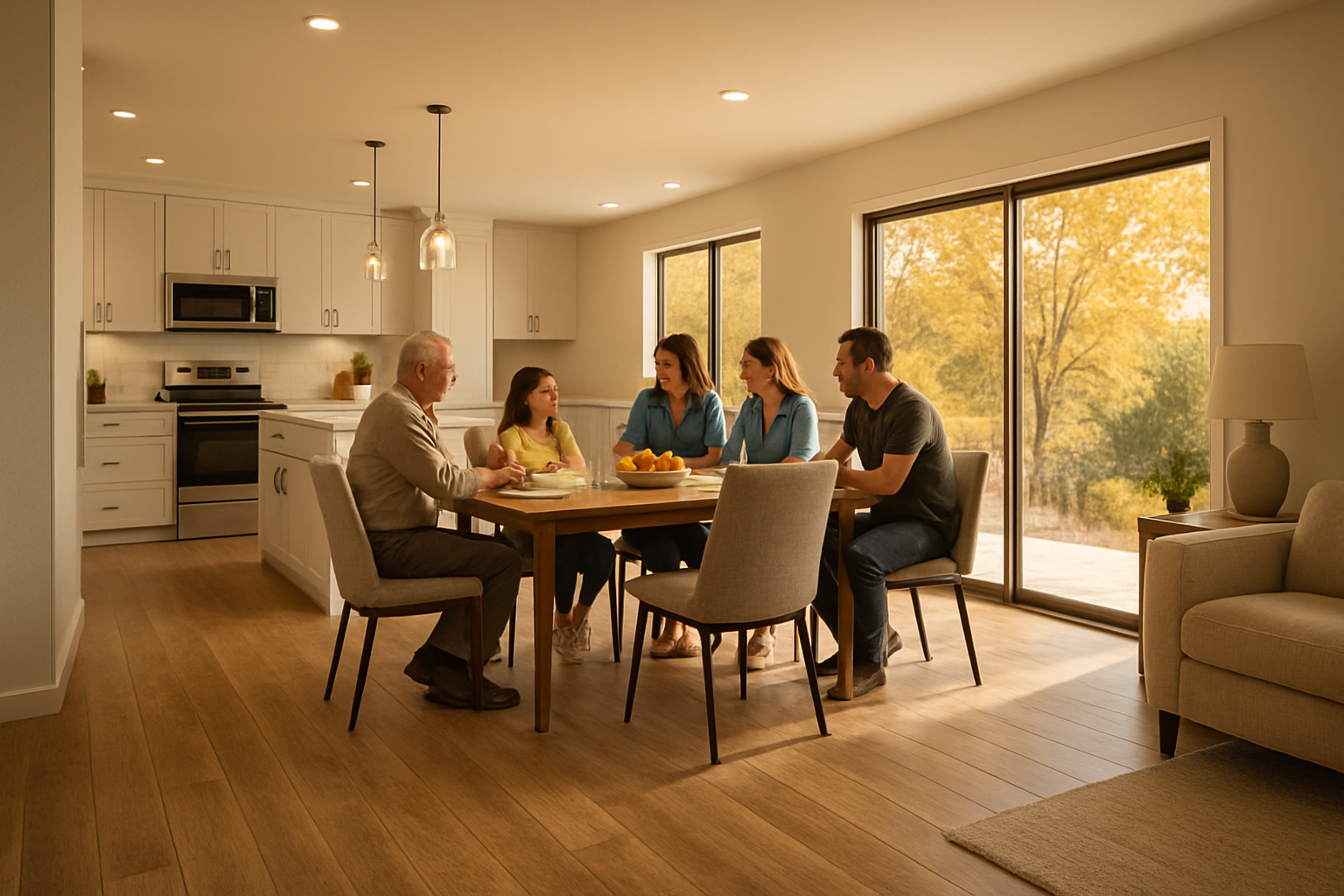 A completed family-friendly flooring remodel in an Escondido open-concept home, showing wide-plank warm oak-look floors flowing from the kitchen into the living room, a family gathered around a dining table, neutral modern finishes, and golden September light through large windows