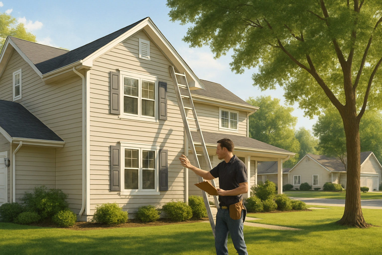 [A well-maintained home in Holmen, Wisconsin on a sunny late-August afternoon, with green lawn, mature trees, and a siding contractor inspecting exterior siding near a ladder, warm natural light, realistic residential neighborhood setting]
