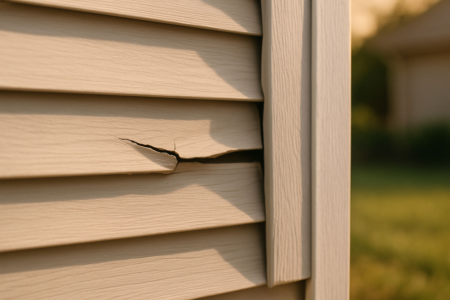 [Close-up realistic photo of damaged vinyl siding on a Wisconsin home, showing a cracked panel, slight warping, and a small gap near exterior trim, with soft August sunlight and green grass blurred in the background]