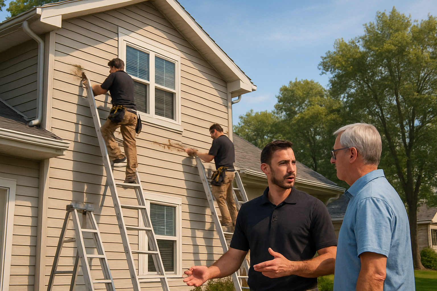 [Professional Apex Xteriors LLC crew working on siding repair at a suburban Holmen, Wisconsin home, clean work area, ladders safely positioned, contractor discussing exterior details with homeowner, late summer blue sky and trees in background]