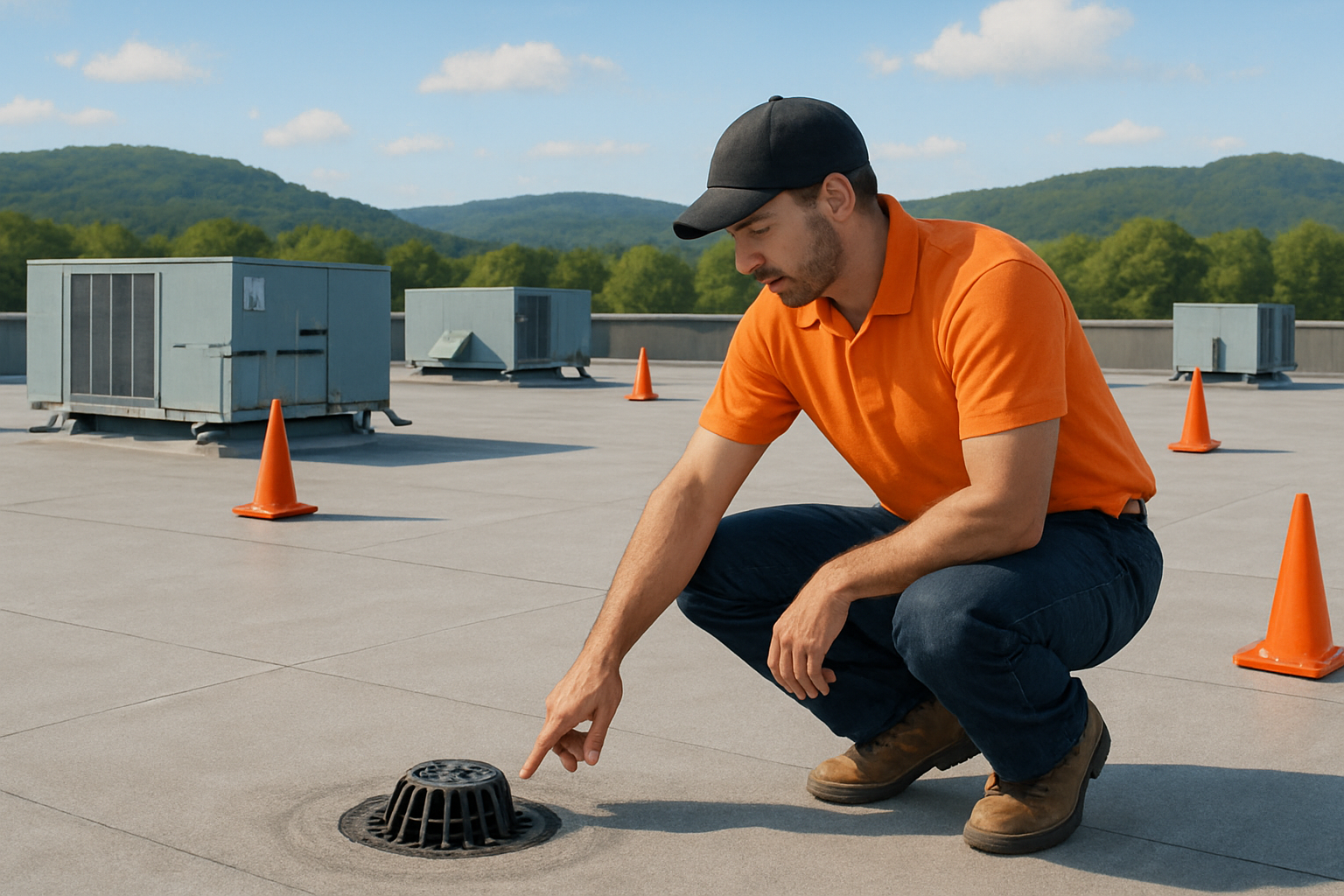 [A commercial roofing technician inspecting a flat roof on a sunny August day in Holmen Wisconsin, with HVAC units, roof drains, safety cones, and green Wisconsin hills in the background]