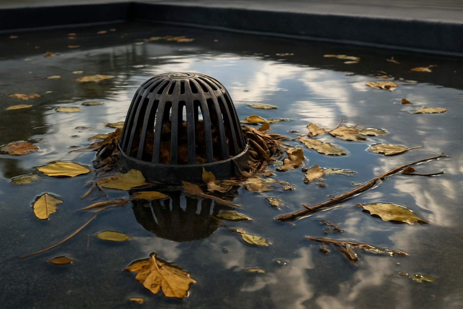 [Close-up photograph of standing water around a clogged commercial roof drain after a summer thunderstorm, with leaves, small branches, and reflections of clouds on a flat roof membrane]