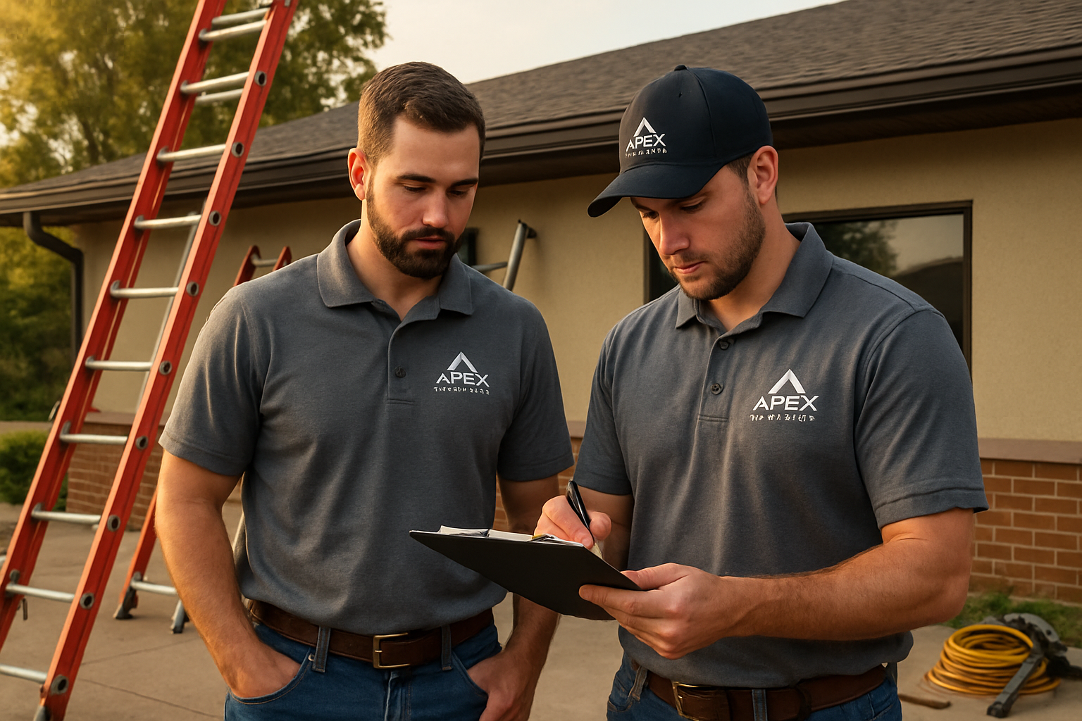 [Apex Xteriors LLC crew members in work shirts standing beside a commercial building in Holmen Wisconsin, reviewing a roof inspection checklist with ladders and roofing tools nearby on a warm late-summer day]