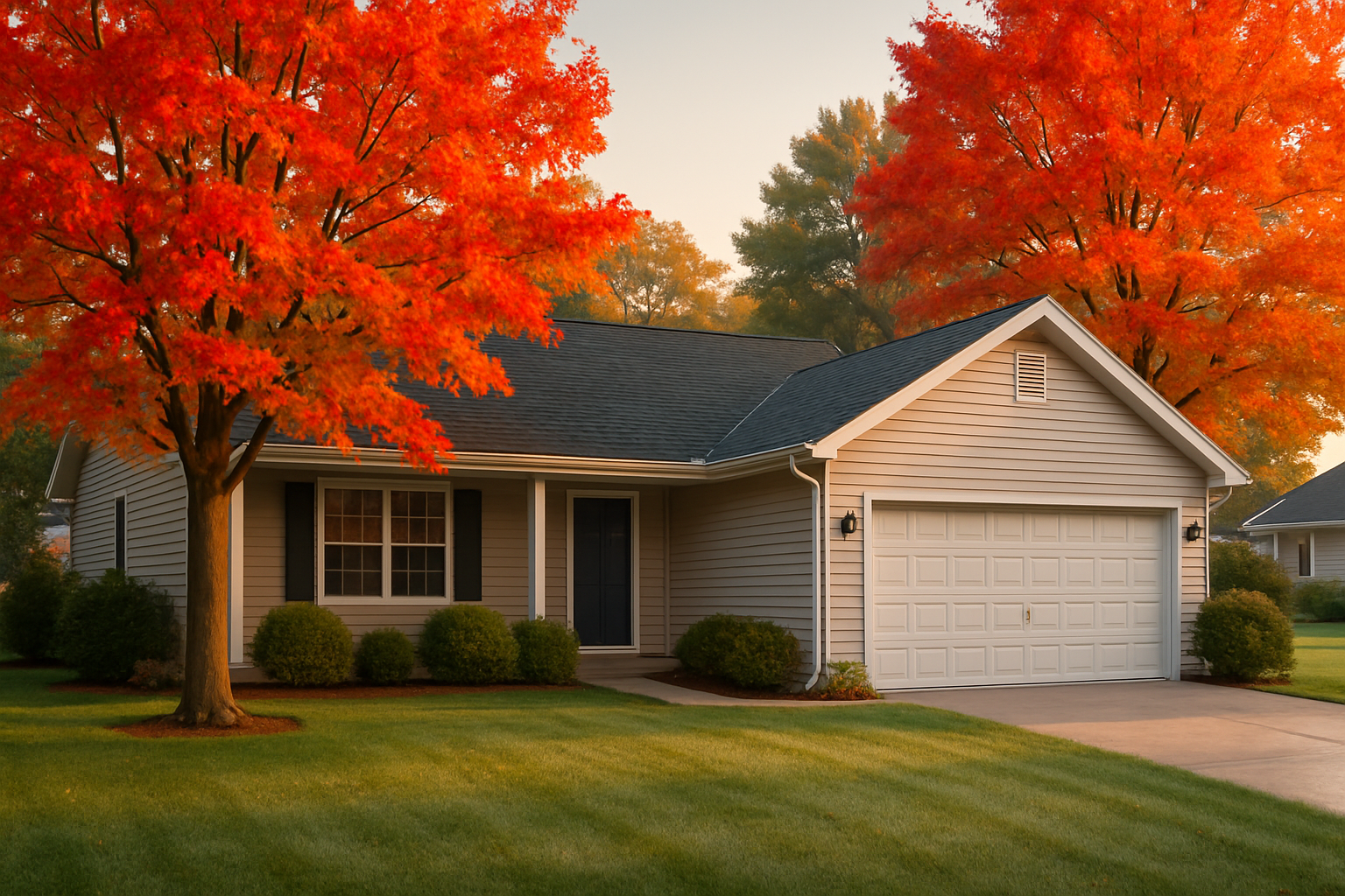 A crisp September morning in Holmen Wisconsin showing a well-maintained suburban home with mature maple trees beginning to turn red and orange, clean gutters along the roofline, dew on the lawn, soft sunrise light, realistic residential exterior photography