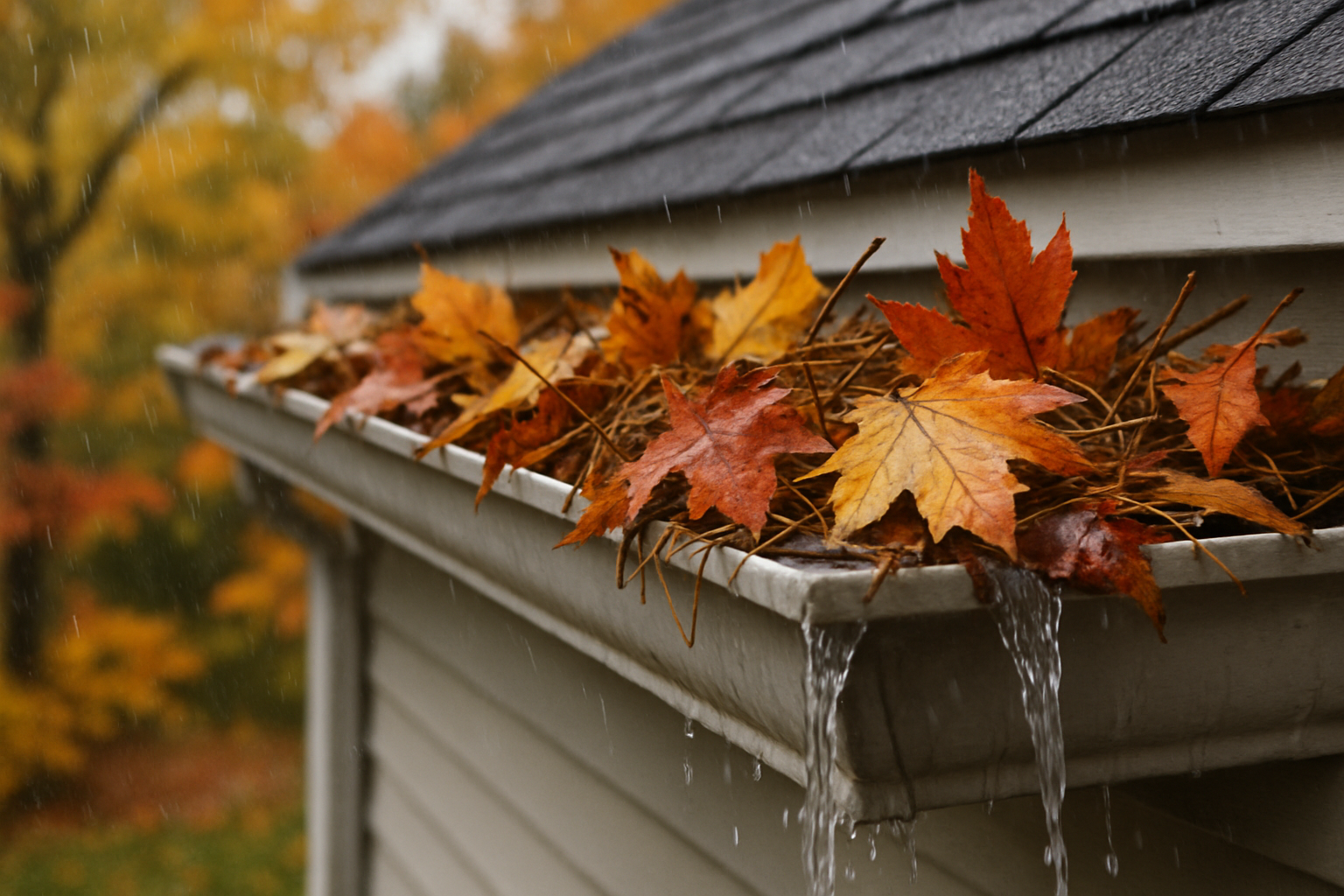 Close-up realistic photo of autumn leaves, pine needles, and small twigs clogging a residential gutter during a light rain, water spilling over the gutter edge, Wisconsin fall colors blurred in the background, detailed exterior home maintenance scene