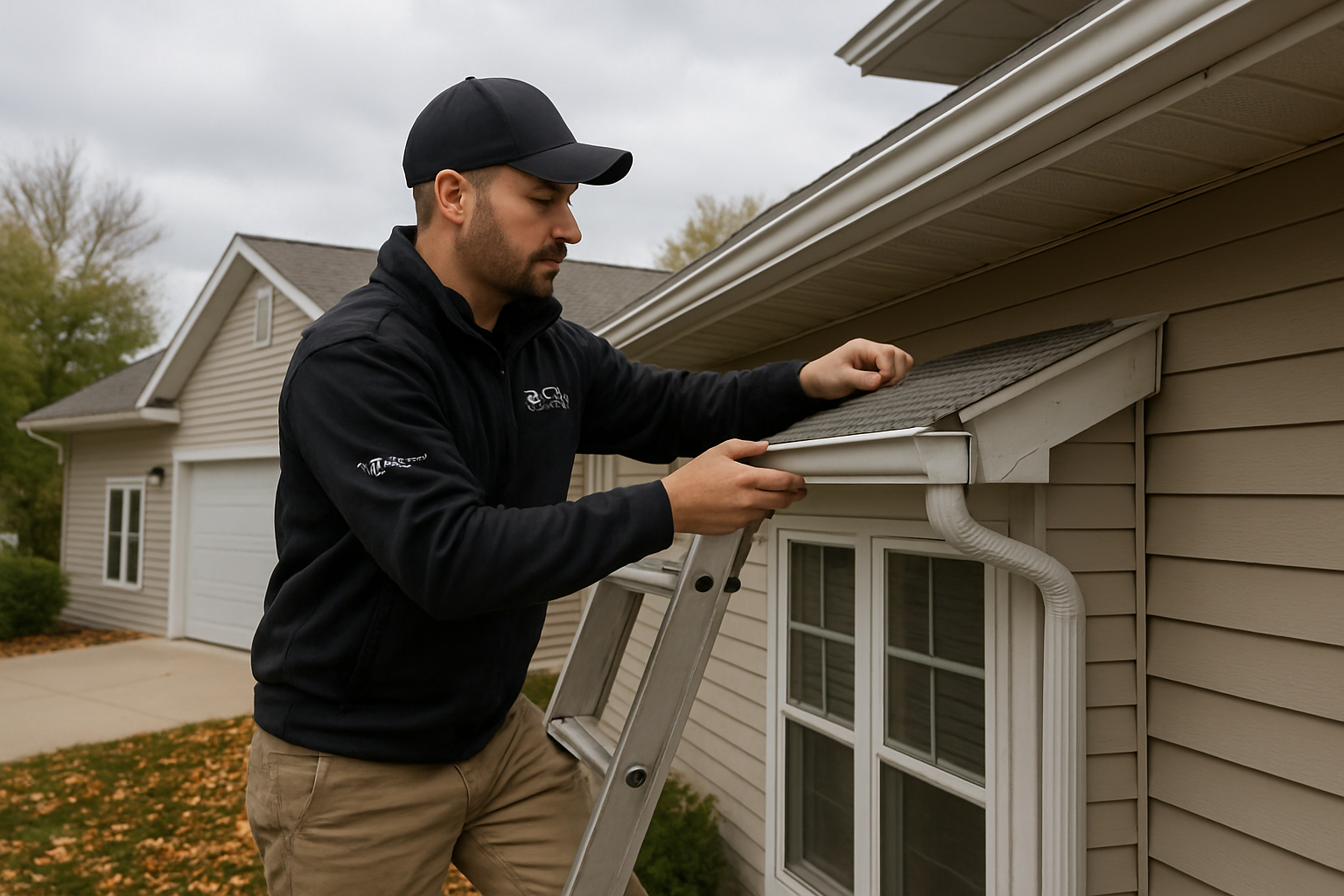 Professional exterior contractor from Apex Xteriors LLC inspecting gutter protection on a clean residential home in Holmen Wisconsin, fall leaves on the ground, ladder safely positioned, overcast September sky, realistic documentary-style home improvement photography