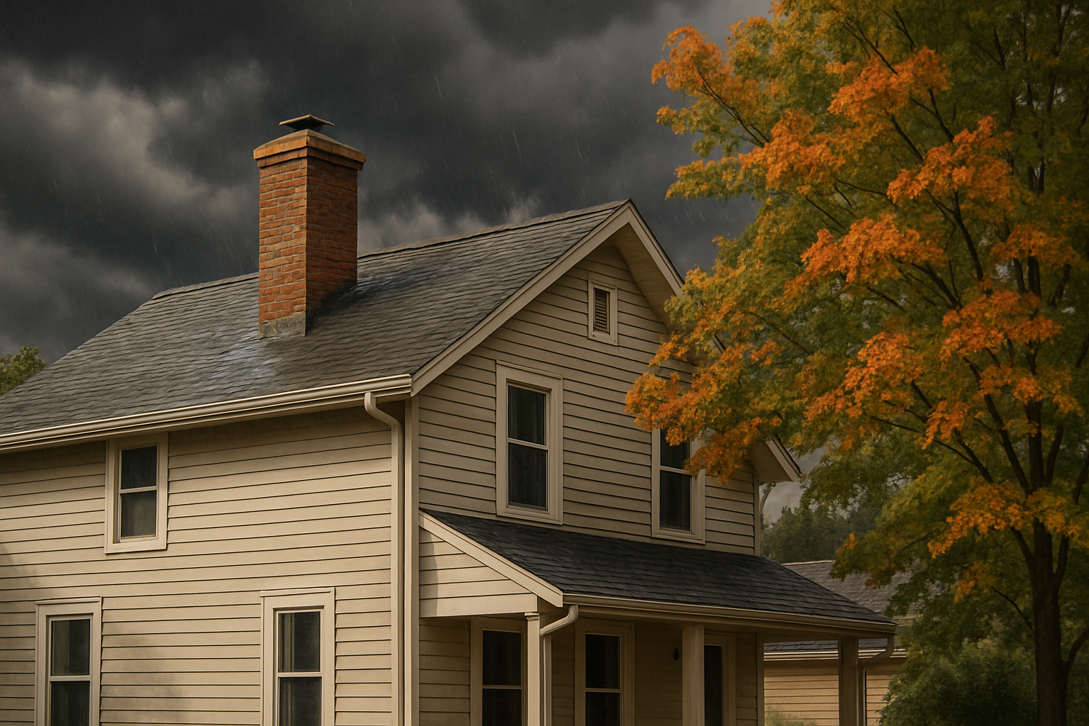 A residential home in Holmen, Wisconsin during early September with dark storm clouds rolling in, a brick chimney on an asphalt shingle roof, autumn leaves beginning to change, and light rain visible against the roofline