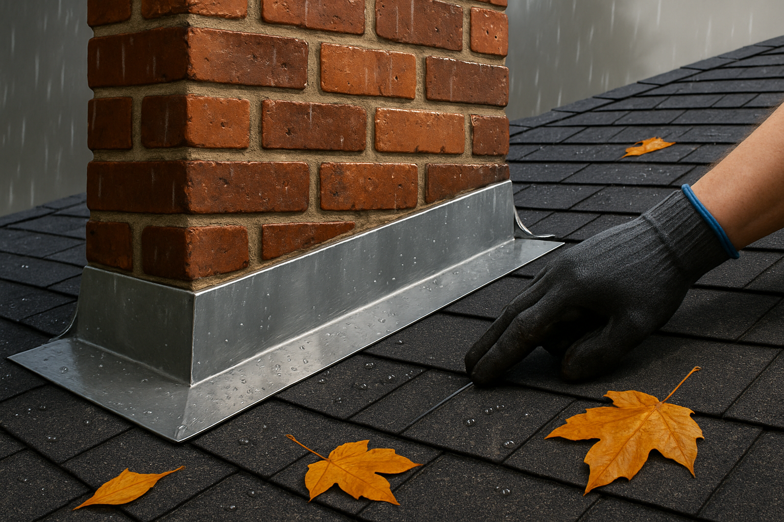 Close-up view of a brick chimney on a dark asphalt shingle roof showing metal chimney flashing, rain droplets, scattered yellow fall leaves, and a roofer’s gloved hand inspecting the flashing seam